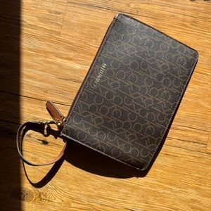 Calvin Klein Monogram Brown Wristlet Clutch with Gold Accent